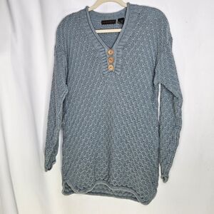 Yarnworks Linen Cotton Pullover‎ Blue Knit Sweater wooden buttons Tunic Small